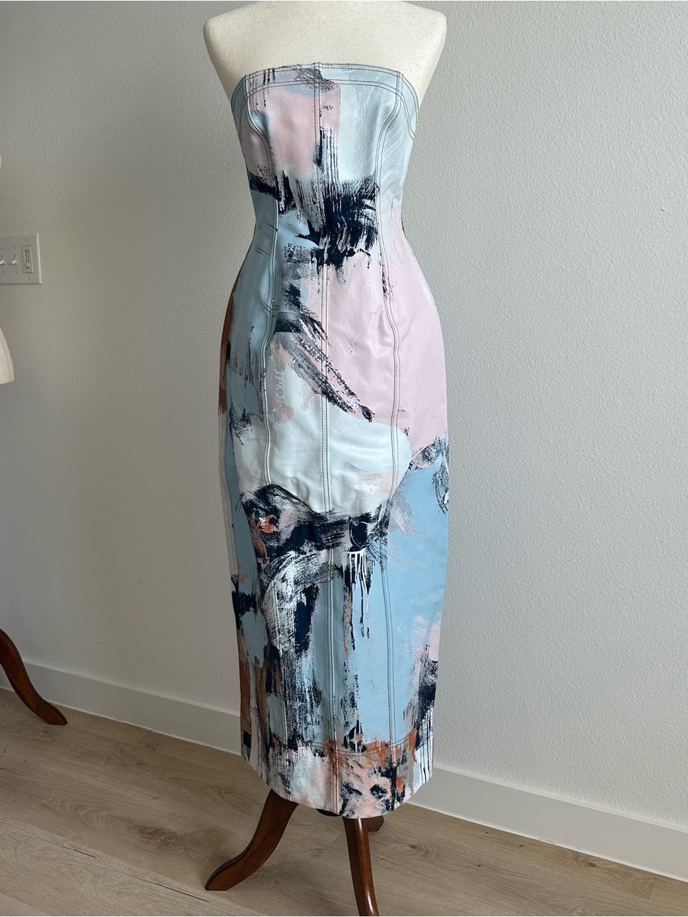 Aje LETTERA DENIM MIDI DRESS Strapless Abstract Midi Dress in Pastel Blue & Pink